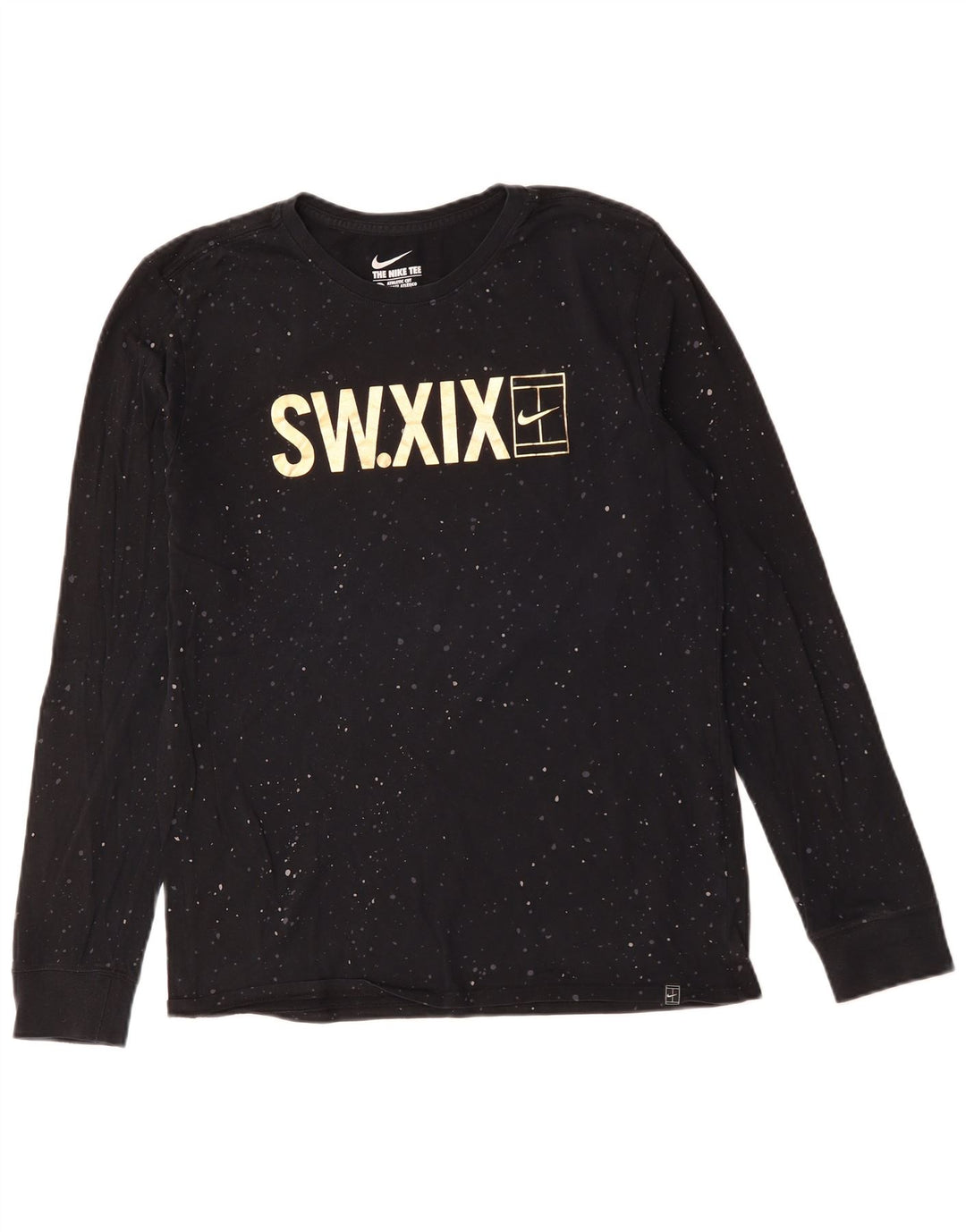 Nike Camiseta con gráfico de corte atlético para hombre, manga larga, algodón moteado en negro mediano