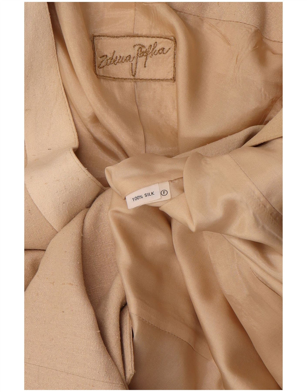 Vintage mujer longline 1 botón Blazer chaqueta Reino Unido 10 pequeña seda beige