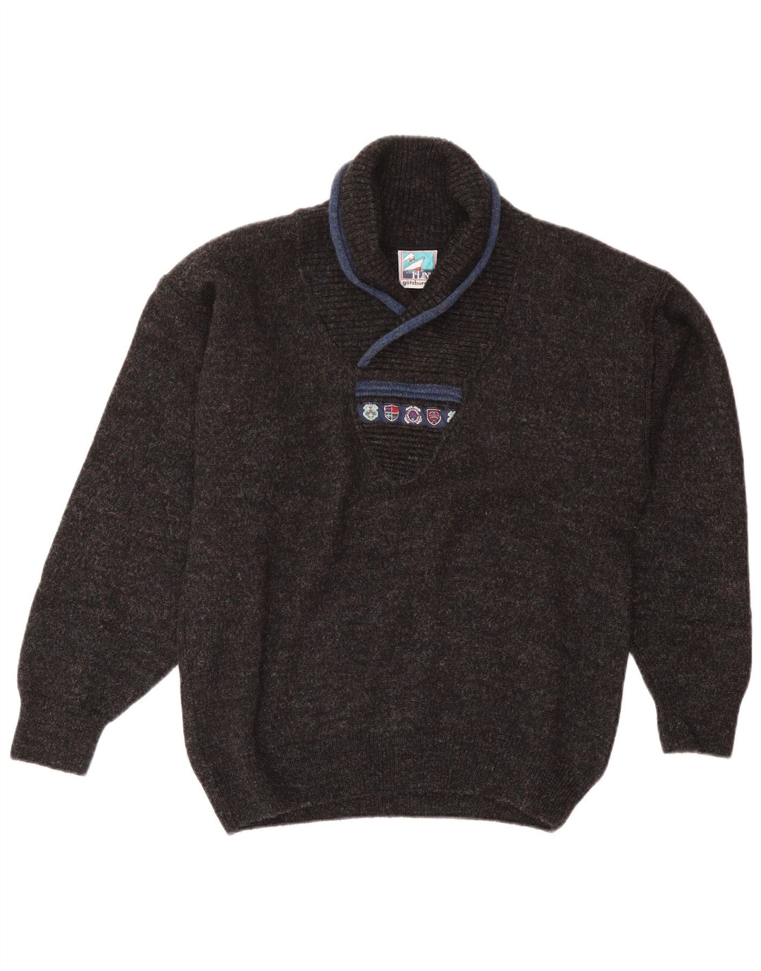Vintage hombres chal cuello jumper suéter medio azul marino lana