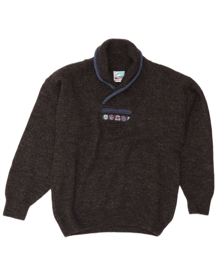 Vintage hombres chal cuello jumper suéter medio azul marino lana