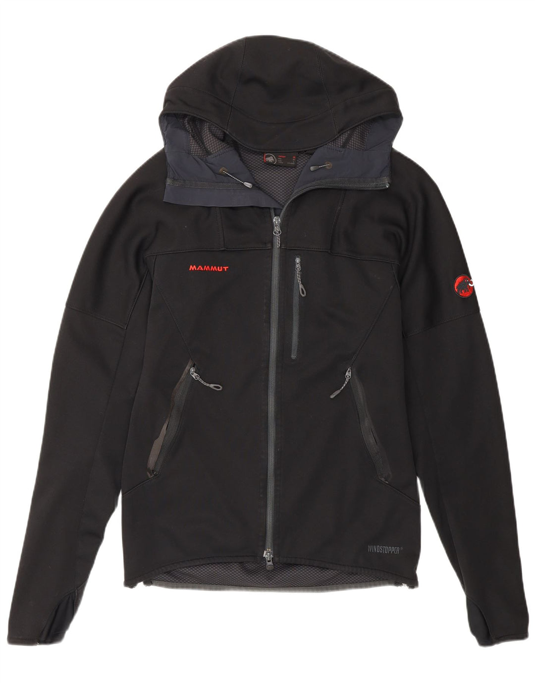 Chaqueta cortavientos con capucha Mammut para mujer UK 44 Mediano Poliéster negro