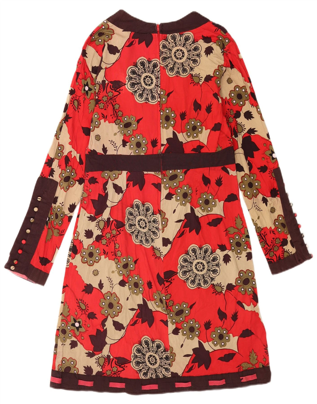 Vintage mujer manga larga vestido básico Reino Unido 12 algodón floral rojo medio