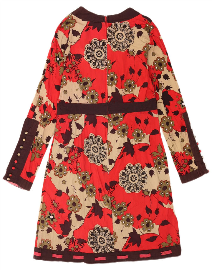 Vintage mujer manga larga vestido básico Reino Unido 12 algodón floral rojo medio