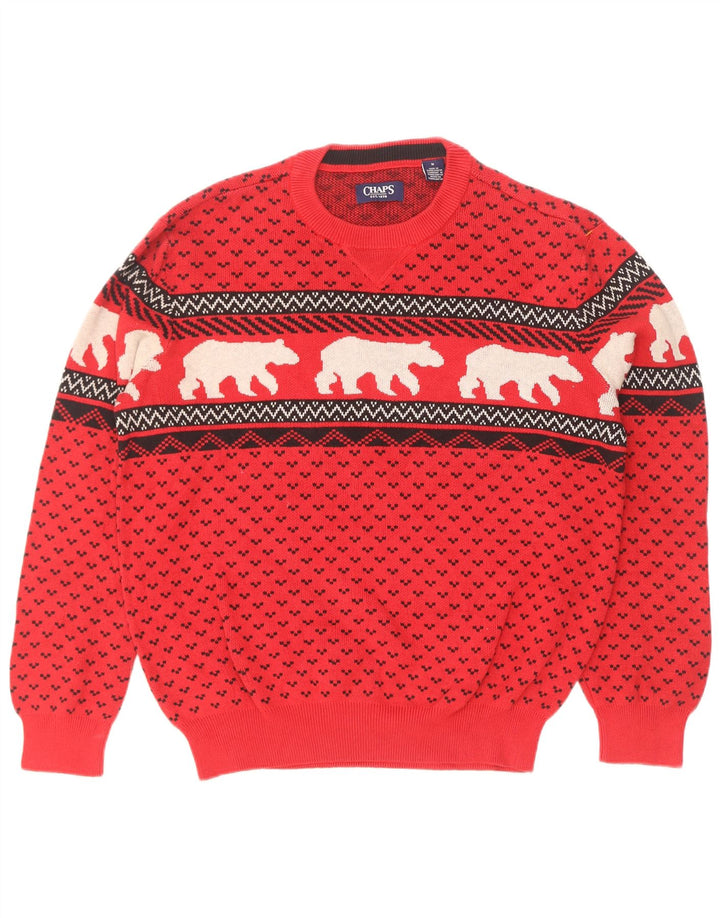 Chaps Suéter tipo jersey con cuello redondo para hombre, color rojo medio, Fair Isle