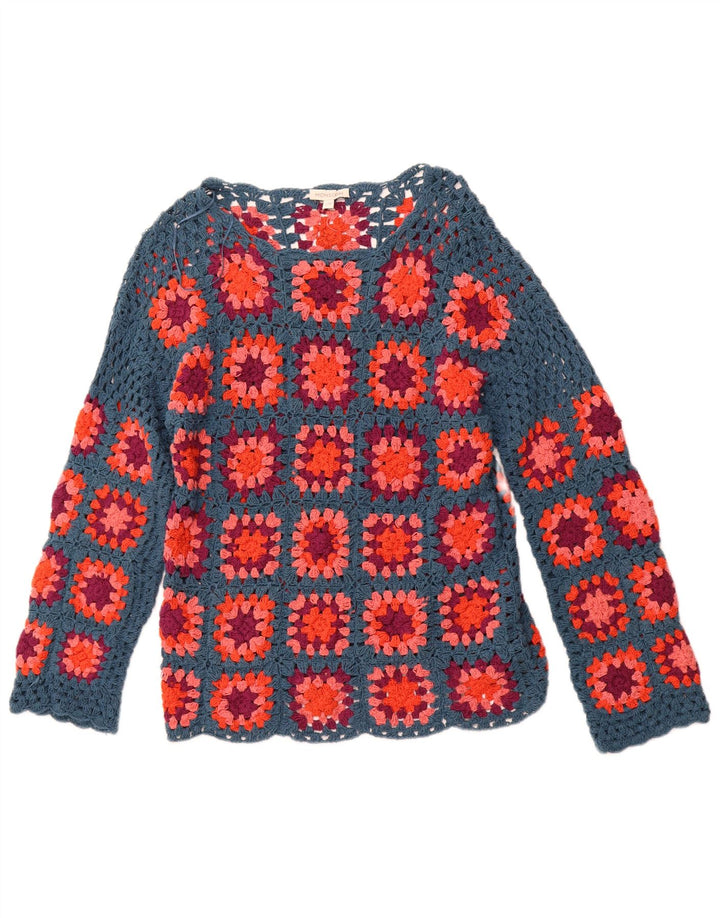 MONSOON Suéter tipo jersey con cuello barco de crochet para mujer UK 10 Small Blue Check