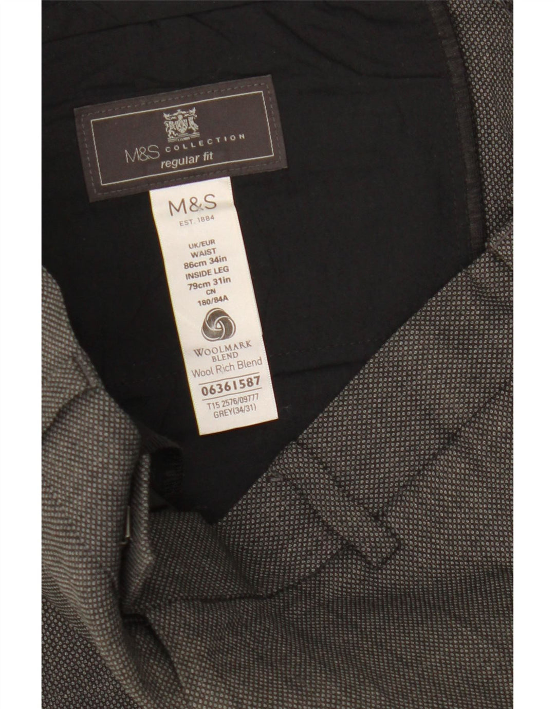 Marks & Spencer Pantalón de traje de corte regular para hombre W34 L31 Lana gris