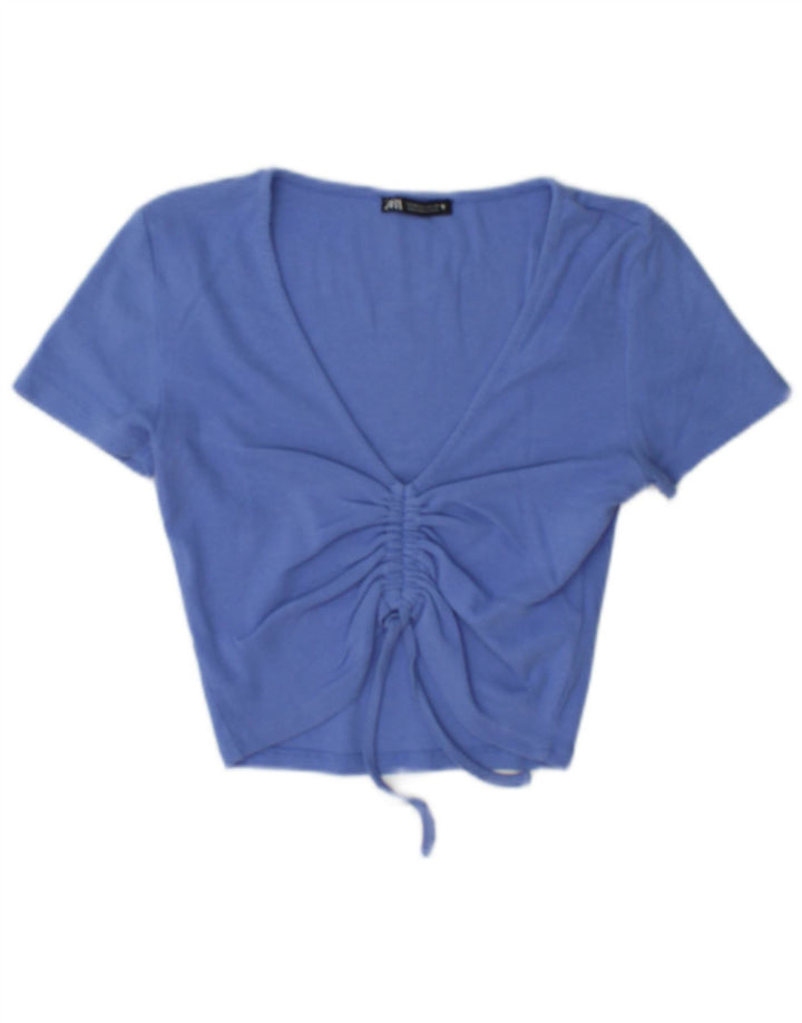 Zara Mujer Crop Top UK 12 Algodón Azul Medio