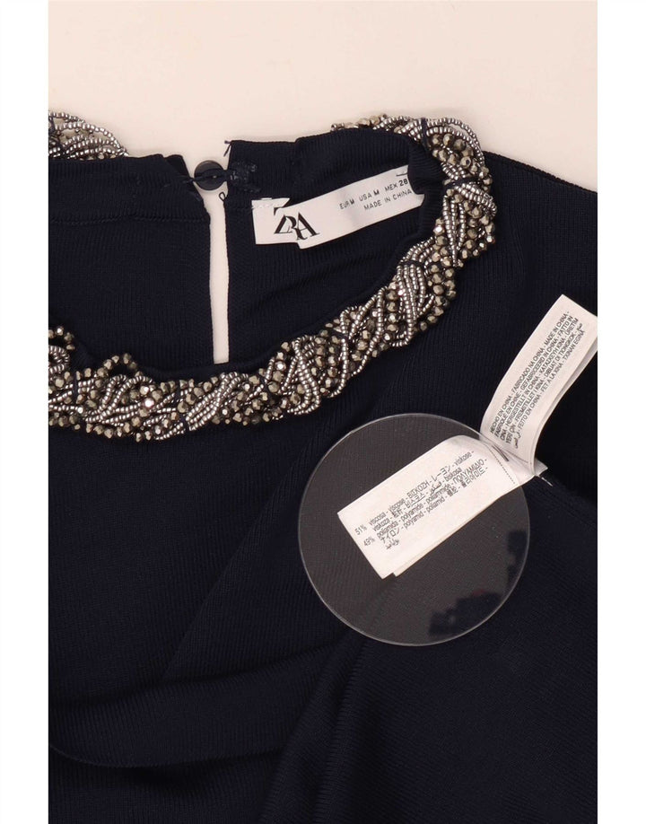 Zara Mujer Crop Blusa Top UK 40 Medio Azul Marino Viscosa