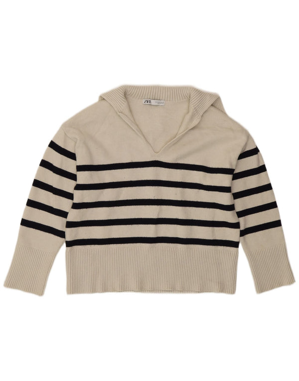 Zara - Jersey extragrande con cuello tipo polo para mujer, talla 40, talla pequeña, color blanco a rayas
