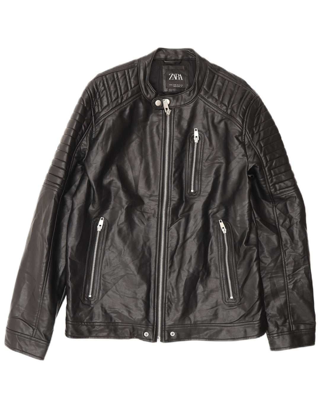 Zara Hombre Chaqueta De Piel Sintética ES 42 XL Poliéster Negro