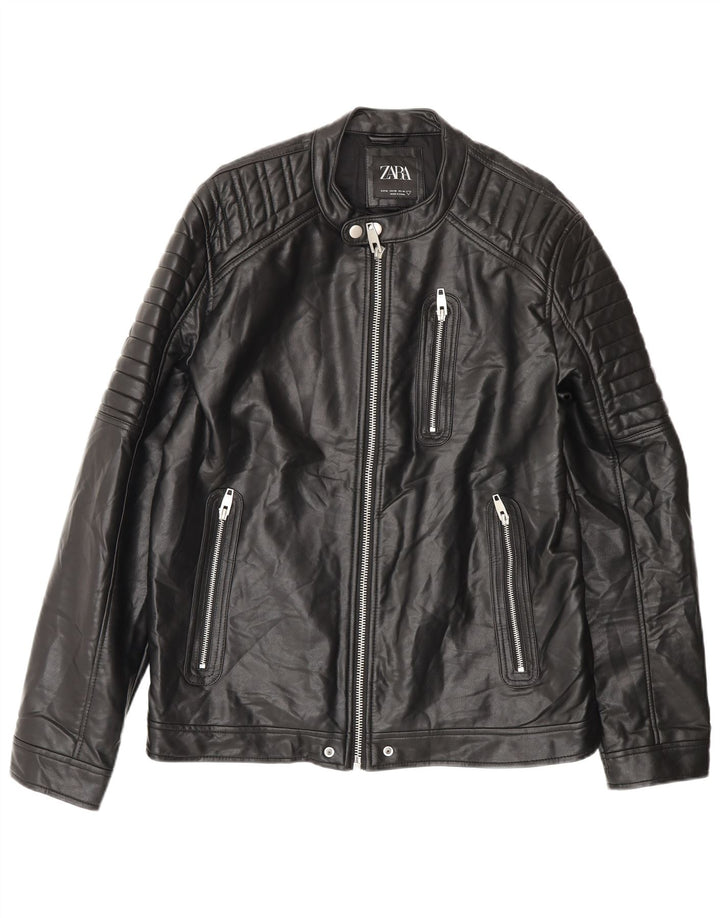 Zara Hombre Chaqueta De Piel Sintética ES 42 XL Poliéster Negro