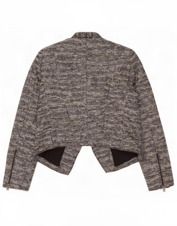 Zara Mujer Crop Open Blazer Chaqueta UK 10 Small Negro Moteado Poliéster