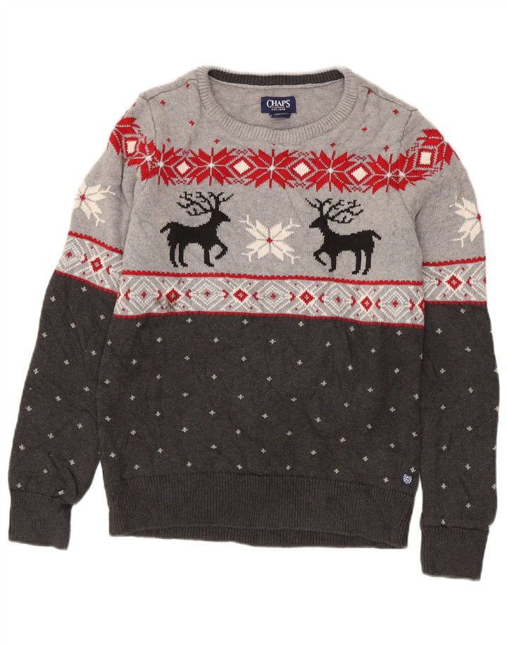 Chaps Jersey con cuello barco para hombre, pequeño, gris, algodón Fair Isle