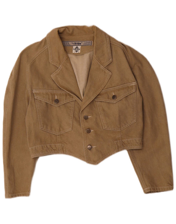 Vintage mujer crop denim chaqueta Reino Unido 14 algodón marrón medio