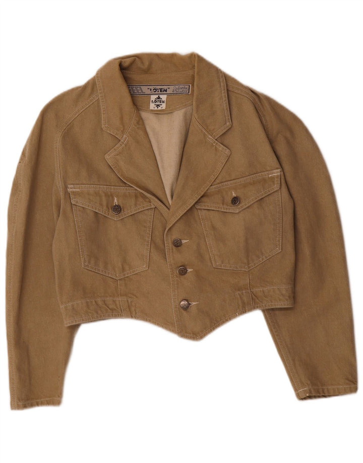 Vintage mujer crop denim chaqueta Reino Unido 14 algodón marrón medio