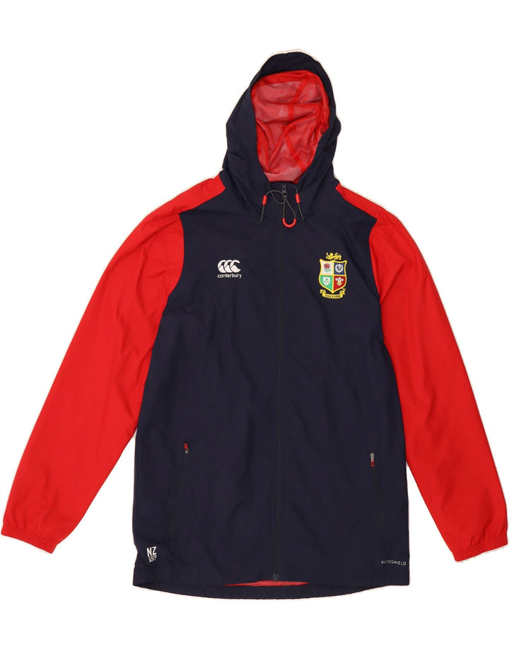 CANTERBURY Mens Graphic Rain Jacket UK 38 Medium Navy Blue Colourblock Vintage Canterbury and Second-Hand Canterbury from Messina Hembry 