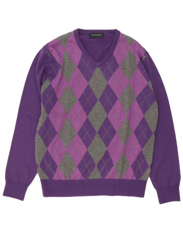 New Sensation Mens V-Neck Jumper Sweater Large Purple Argyle/Diamond Wool
