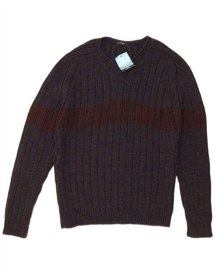 ST. BERNARD Mens V-Neck Jumper Sweater Large Grey Colourblock Acrylic
