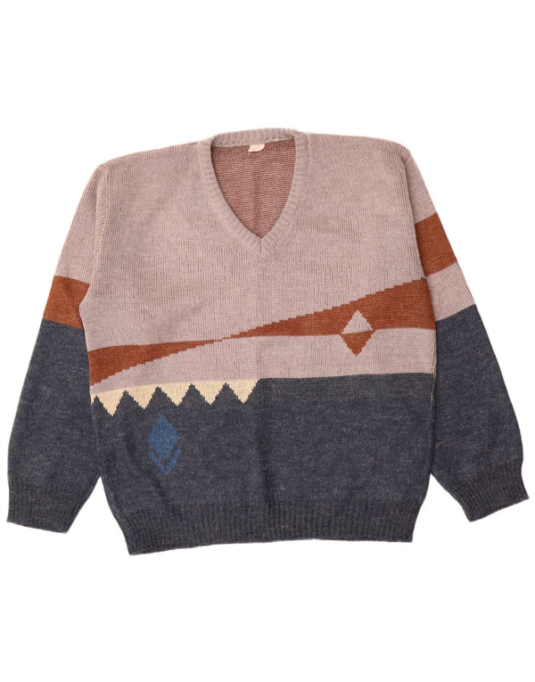 Vintage hombre V-cuello jersey suéter IT 56 XL azul marino colorblock