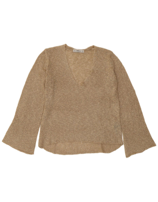 ZARA Mujer Jersey con cuello en V Jersey UK 10 Small Beige Acrílico
