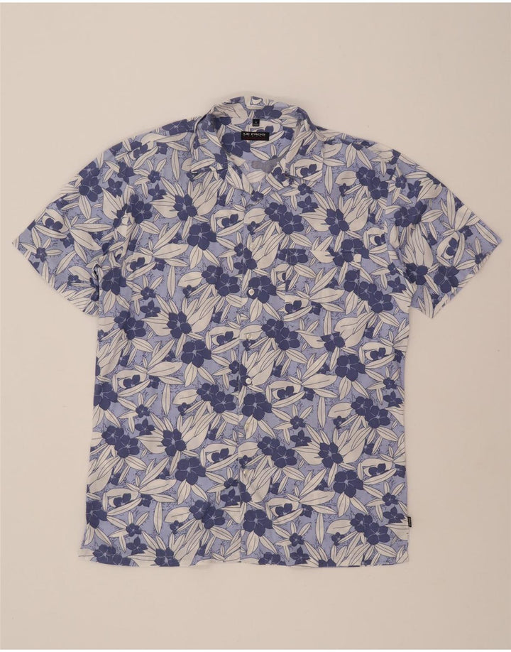 LE FROG Mens Short Sleeve Shirt Size 39/40 Medium Blue Floral Vintage Le Frog and Second-Hand Le Frog from Messina Hembry 