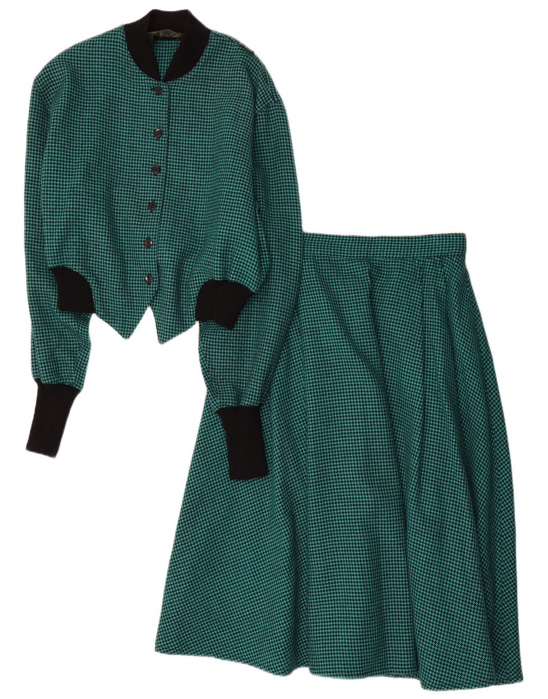 Vintage mujer 2 piezas falda set IT 44 Medio W28 Verde Houndstooth