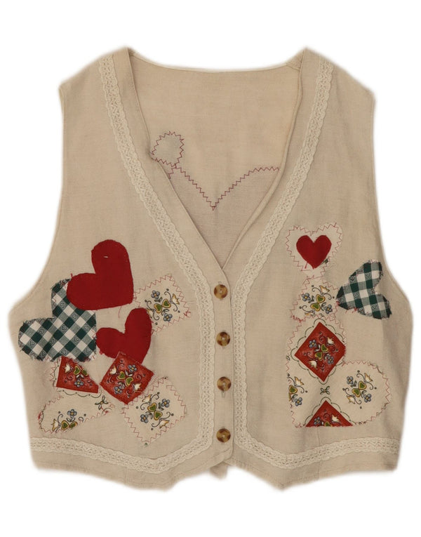 Vintage mujer chaleco Reino Unido 14 medio beige floral algodón corazón
