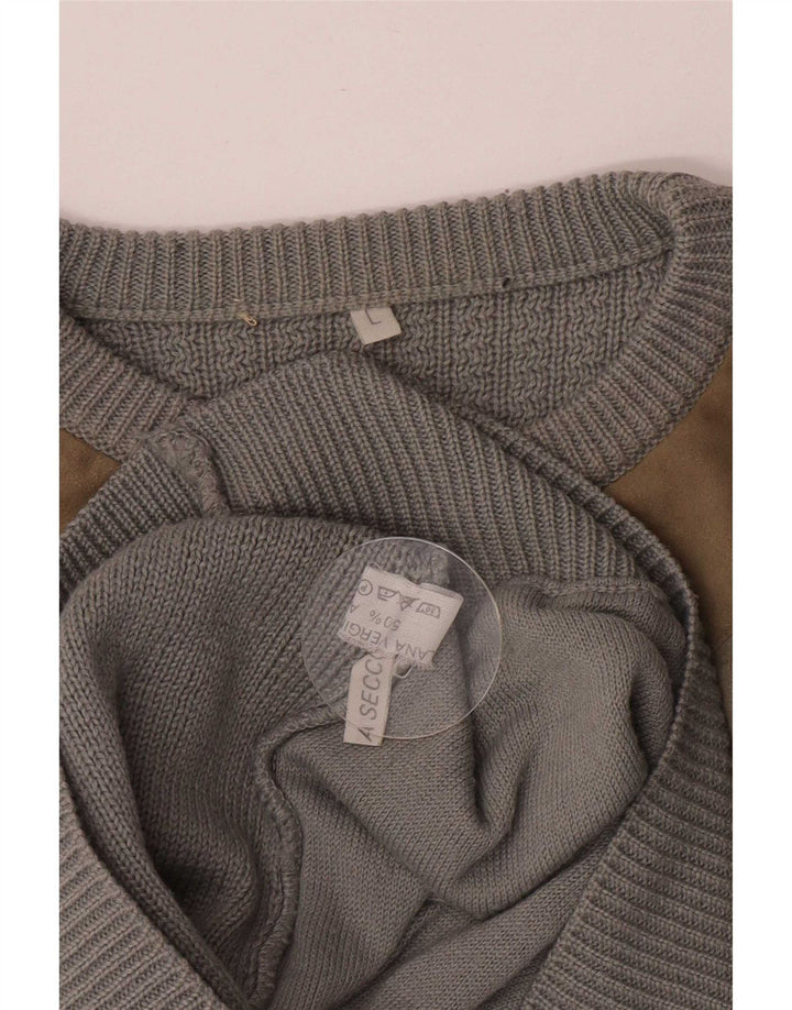 Vintage hombres cuello redondo jersey suéter grande gris colorblock lana