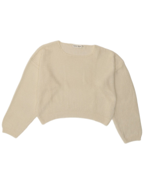 VINTAGE Mujer Crop Boat Neck Jumper Suéter Reino Unido 14 Medio Blanco Apagado