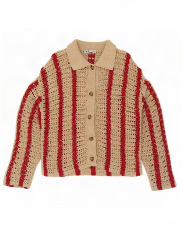 Zara Mujer Suéter Cárdigan De Ganchillo Extragrande UK 10 Small Beige Rayas