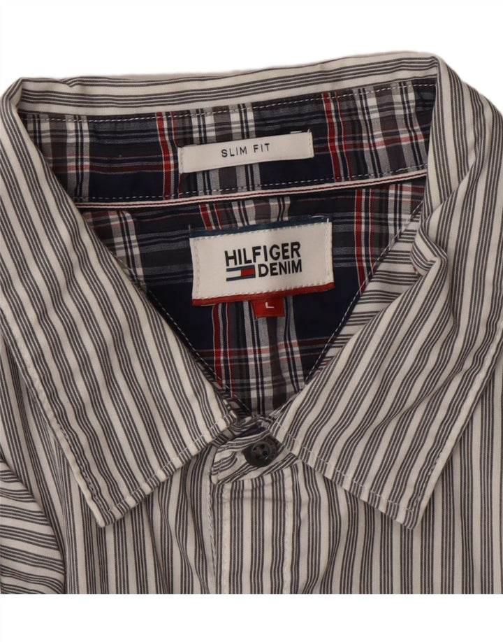 TOMMY HILFIGER Mens Slim Fit Shirt Large Grey Striped Vintage Tommy Hilfiger and Second-Hand Tommy Hilfiger from Messina Hembry 