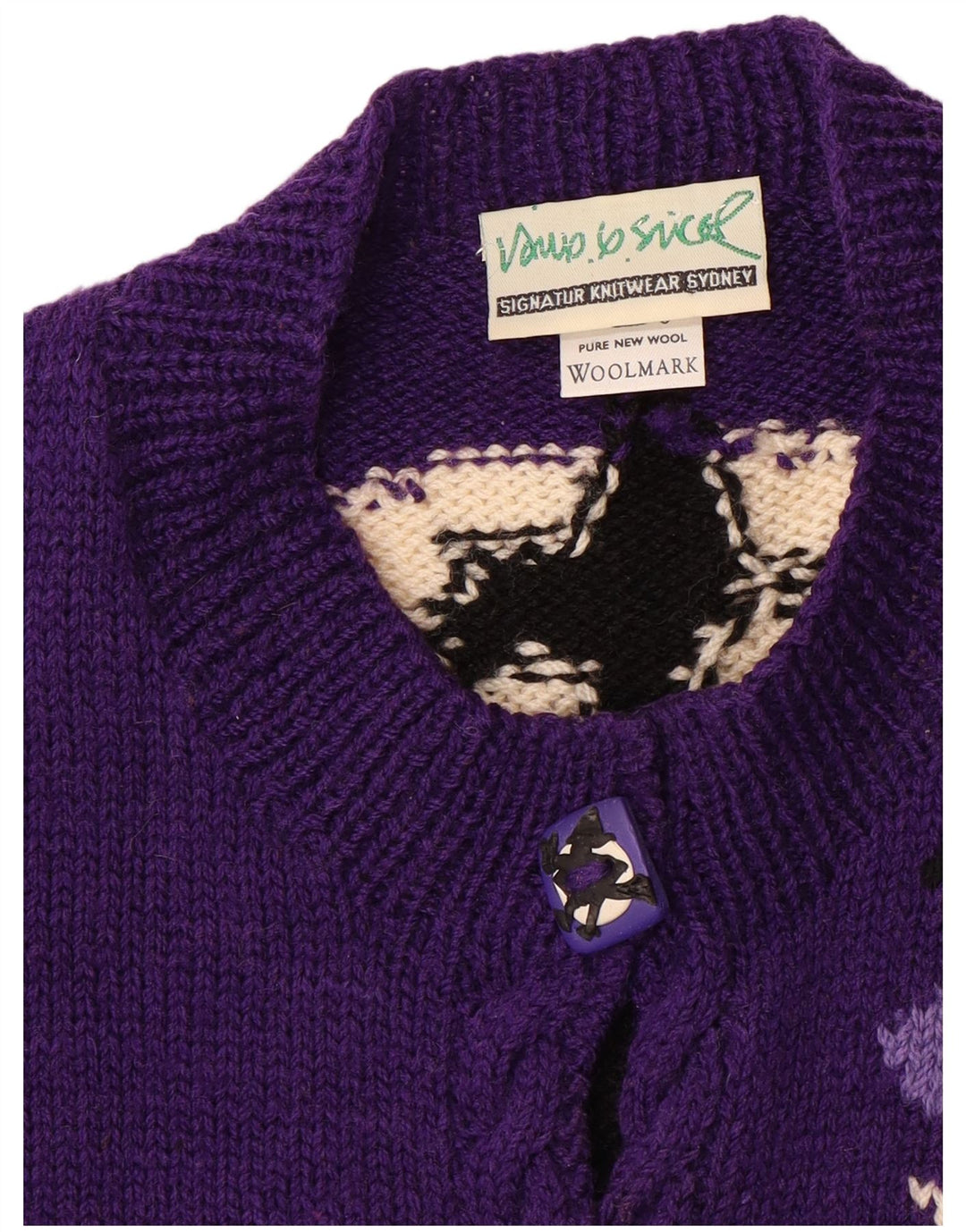 VINTAGE suéter de cárdigan gráfico para mujer Reino Unido 20 2XL lana de color púrpura