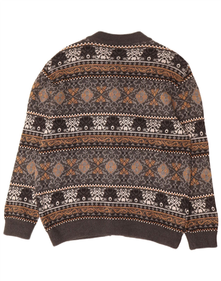 Vintage hombres Cardigan suéter grande gris Fair Isle lana