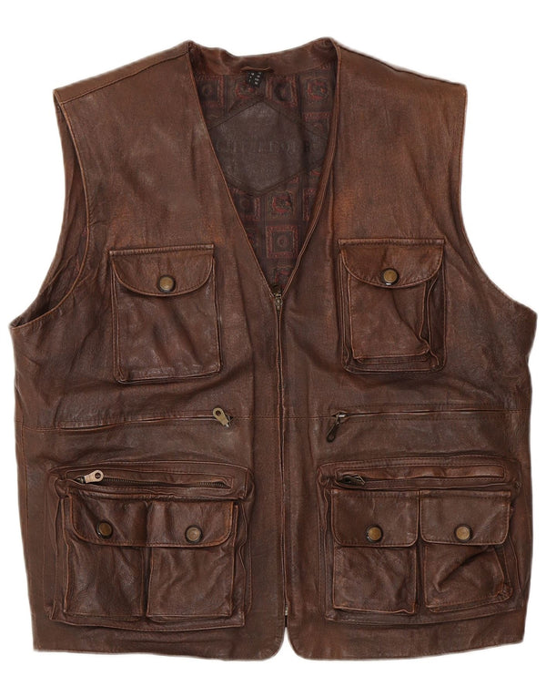 Vintage hombres cuero Gilet Reino Unido 40 cuero marrón grande