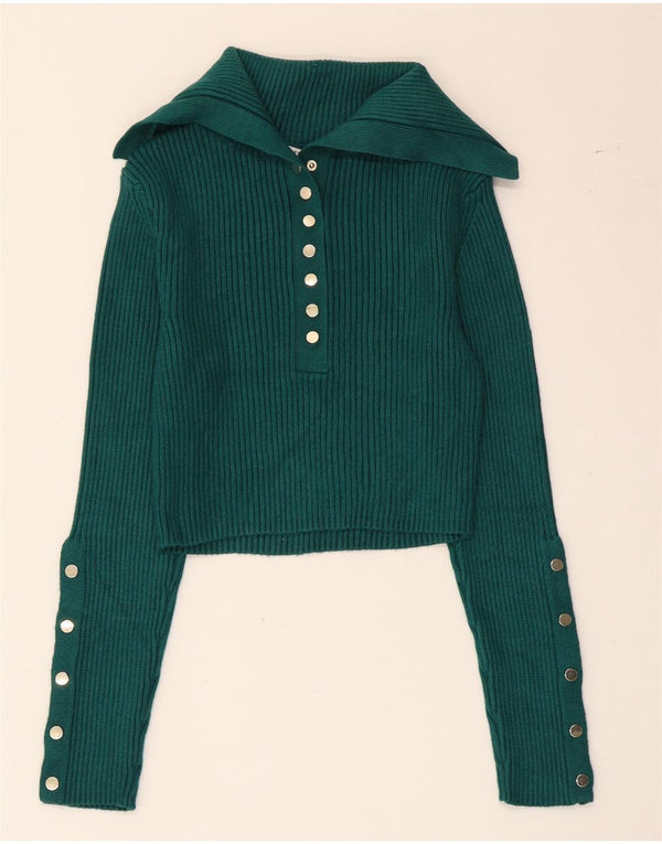 Zara Mujer Crop Polo Neck Jumper Sweater UK 12 Viscosa Verde Medio