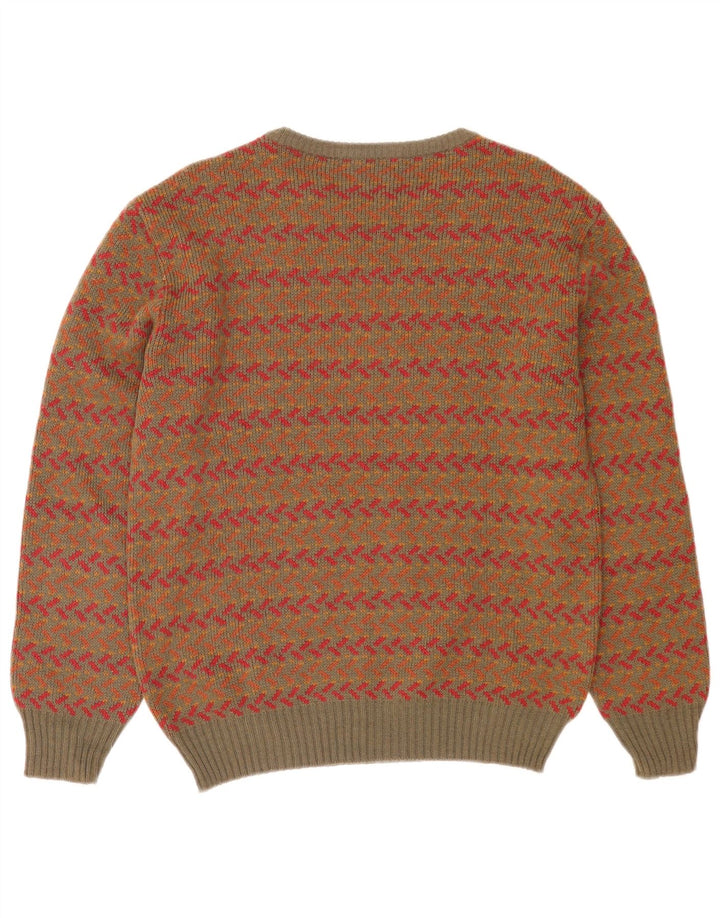 Vintage hombres cuello redondo jersey suéter medio caqui lana geométrica