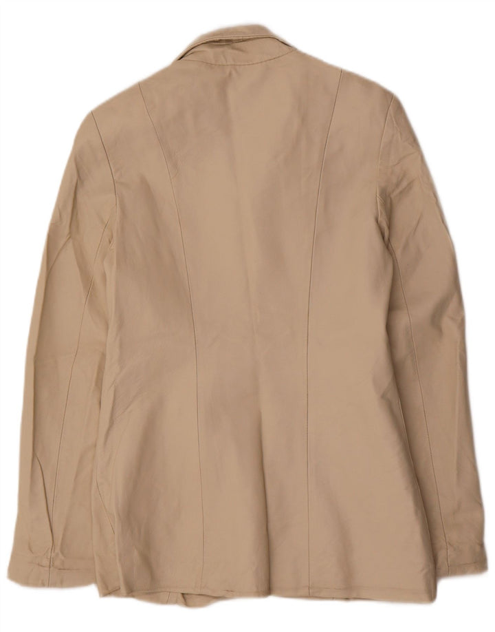 Vintage mujer 4 botones cuero Blazer chaqueta Reino Unido 10 pequeño cuero beige