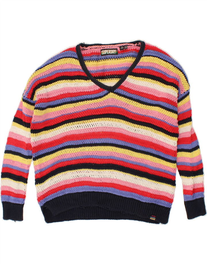 SUPERDRY Womens V-Neck Jumper Sweater UK 12 Medium  Multicoloured Striped Vintage Superdry and Second-Hand Superdry from Messina Hembry 