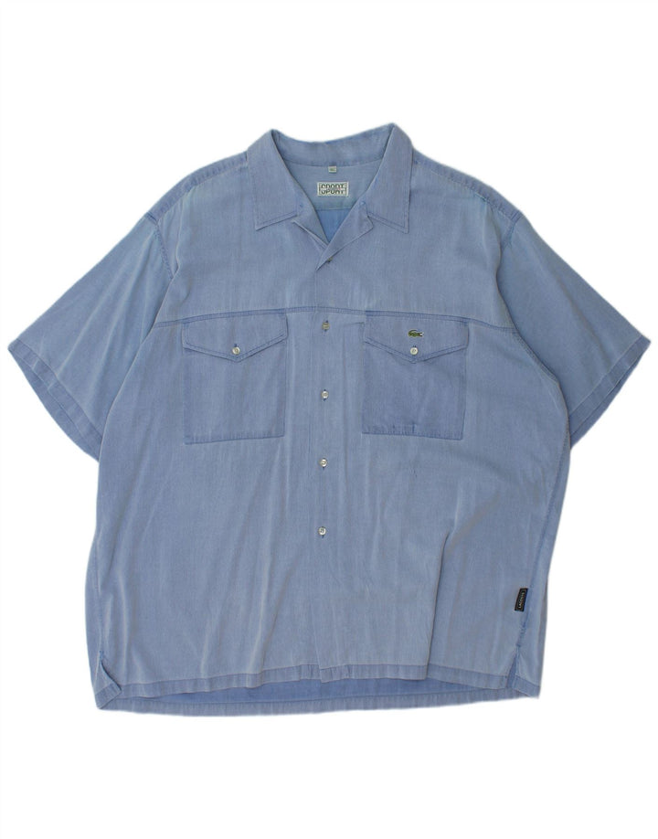 LACOSTE Camisa de manga corta para hombre Talla 45 XL Algodón a rayas azul