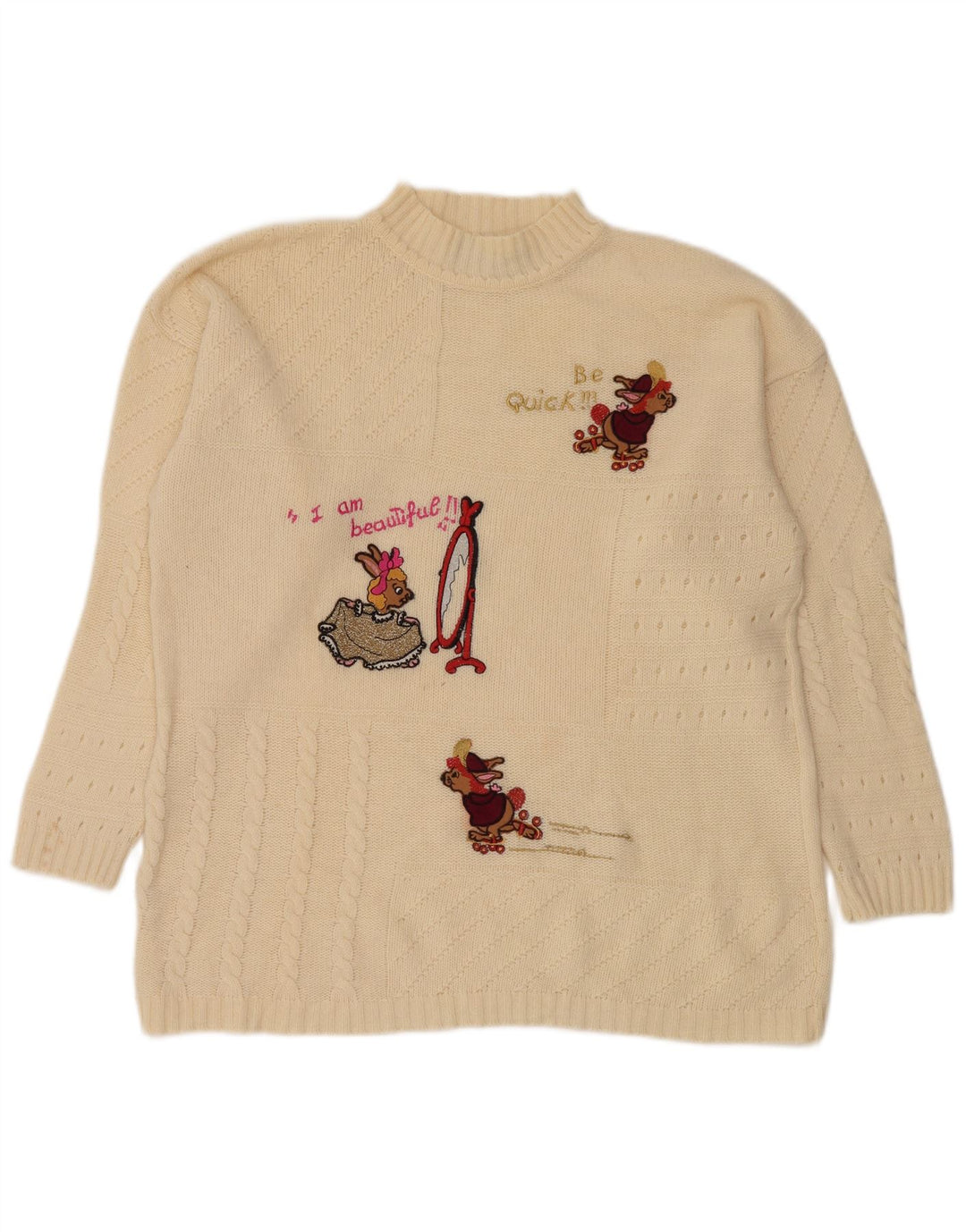 Vintage mujer gráfico tortuga cuello jersey suéter Reino Unido 14 medio blanco apagado