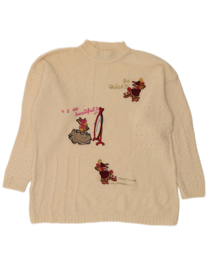 Vintage mujer gráfico tortuga cuello jersey suéter Reino Unido 14 medio blanco apagado