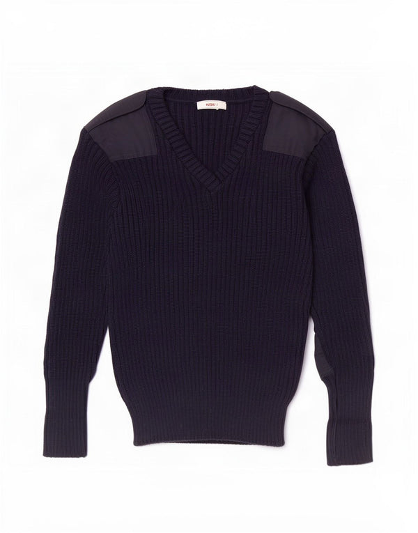 Vintage hombres militar V-cuello jumper suéter XS azul marino