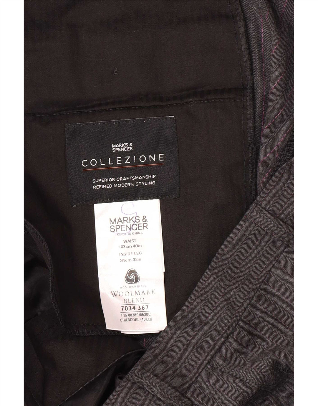 Marks & Spencer Pantalón de traje recto para hombre W40 L33 Lana gris