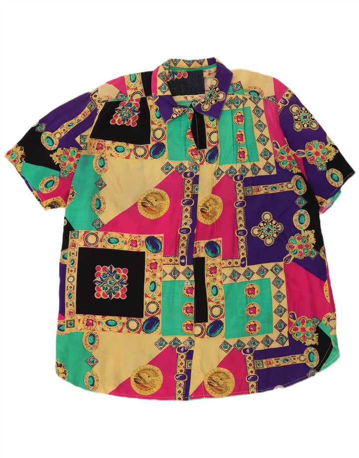 Vintage mujer camisa de manga corta blusa Reino Unido 20 2XL patchwork multicolor