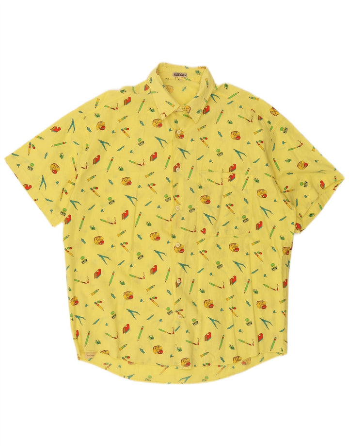 VINTAGE Camisa de manga corta con patrón abstracto para hombre XL Algodón amarillo