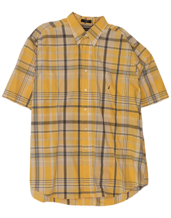 Nautica Camisa Manga Corta Hombre XL Algodón Cuadros Amarillos