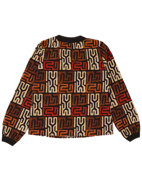 VINTAGE Mujer Top Manga Larga Reino Unido 12 Marrón Medio Geométrico