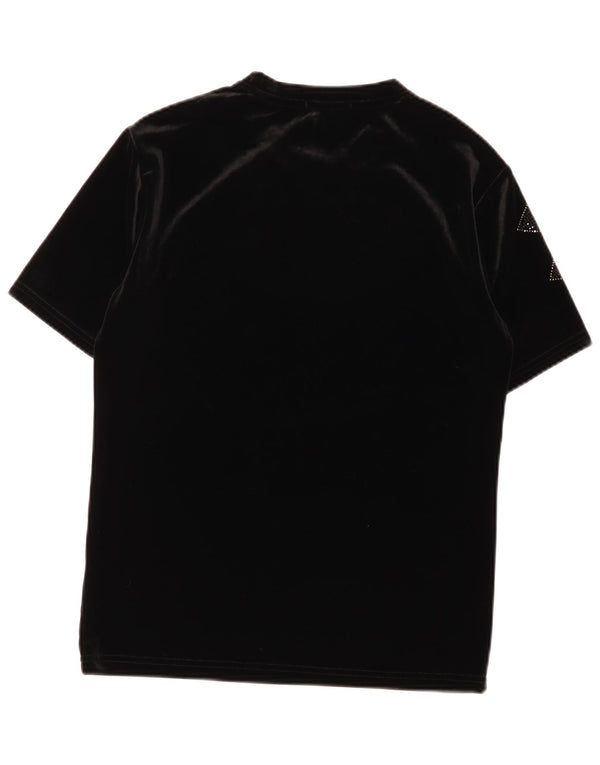 Vintage mujer terciopelo camiseta Top Reino Unido 12 medio negro floral algodón