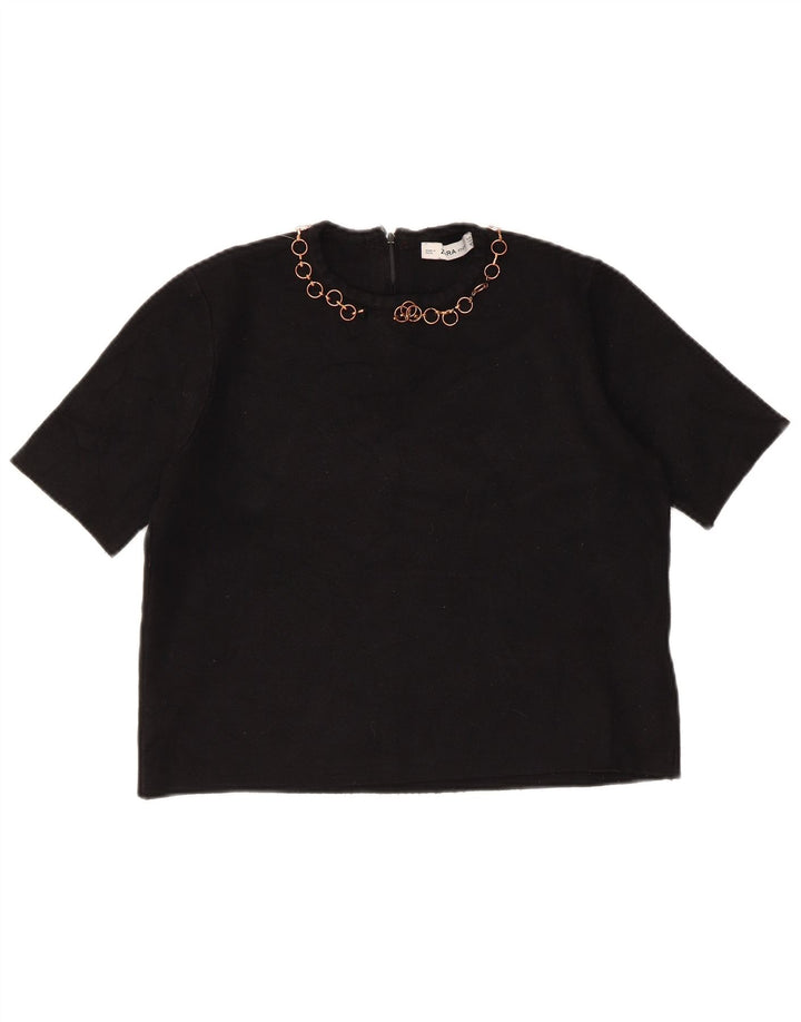 Zara Mujer Crop Blusa Top UK 42 Medium Viscosa Negra
