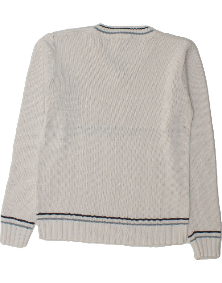 FLASH LIGHTS Mens V-Neck Jumper Sweater Medium White Striped Polyacrylic Vintage Flash Lights and Second-Hand Flash Lights from Messina Hembry 